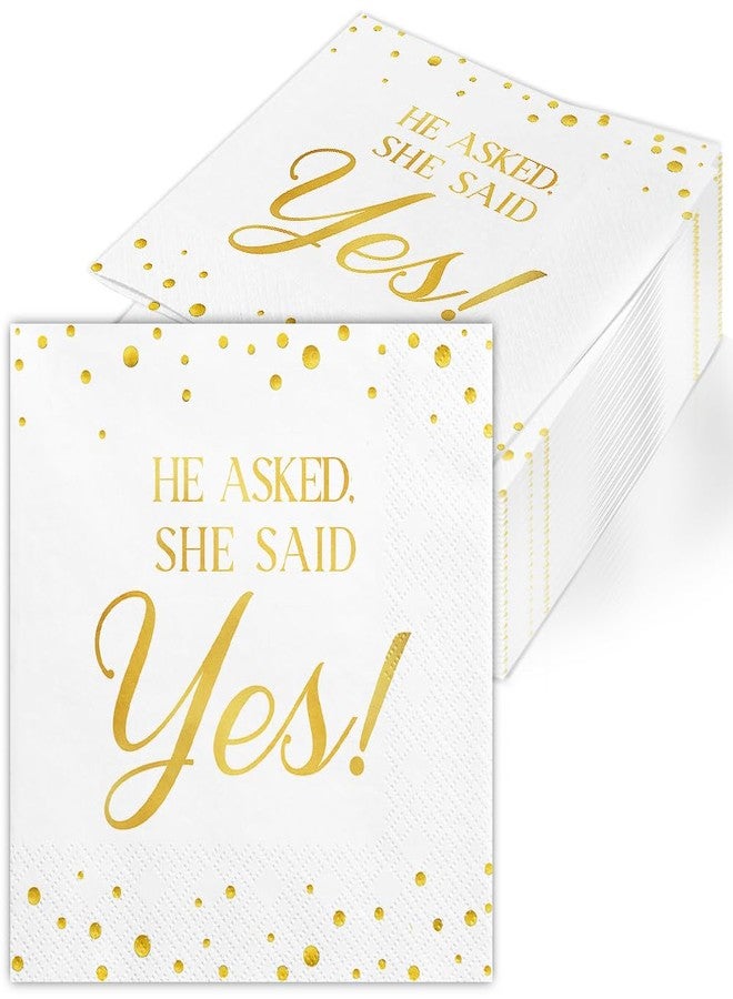 JOYGATHER Engagement - 100PCS White & Gold Foil Cocktail Napkins, 3-Ply Disposable Paper 5x5 Inches "He Asked, She Said Yes!" Napkin Decorations, Bridal Shower, Wedding, Anniversary, Party Men & Women - Image 1